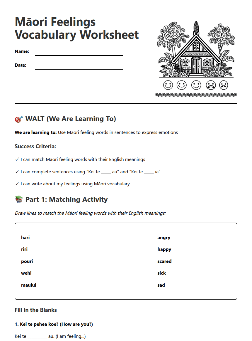 Māori Feelings Vocabulary Worksheet worksheet preview