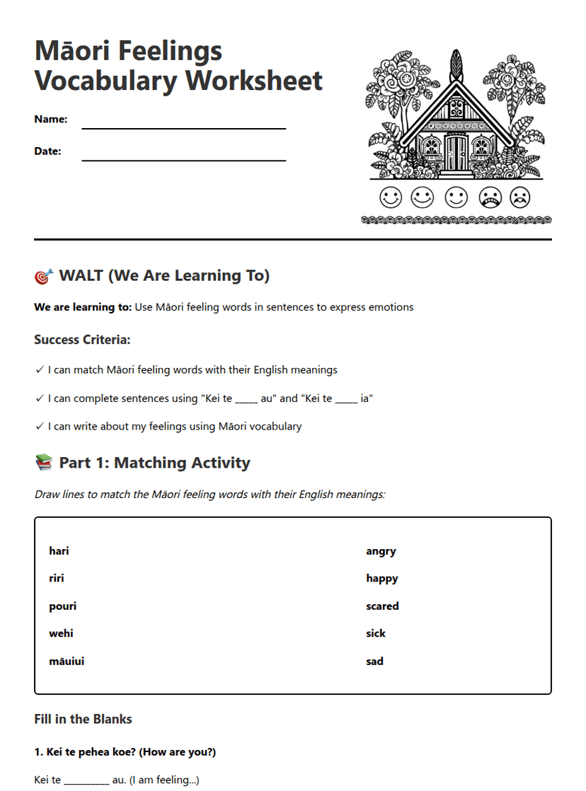 Māori Feelings Vocabulary Worksheet