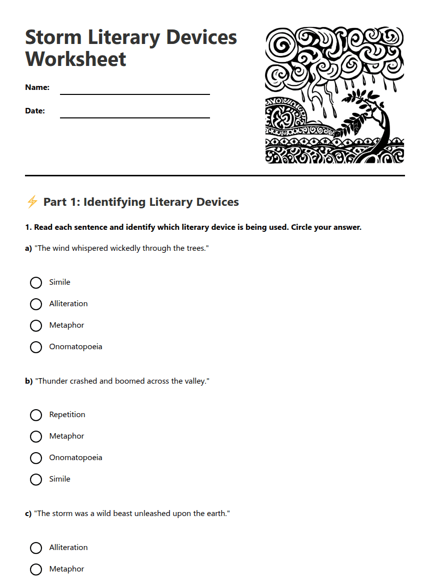 Storm Literary Devices Worksheet worksheet preview