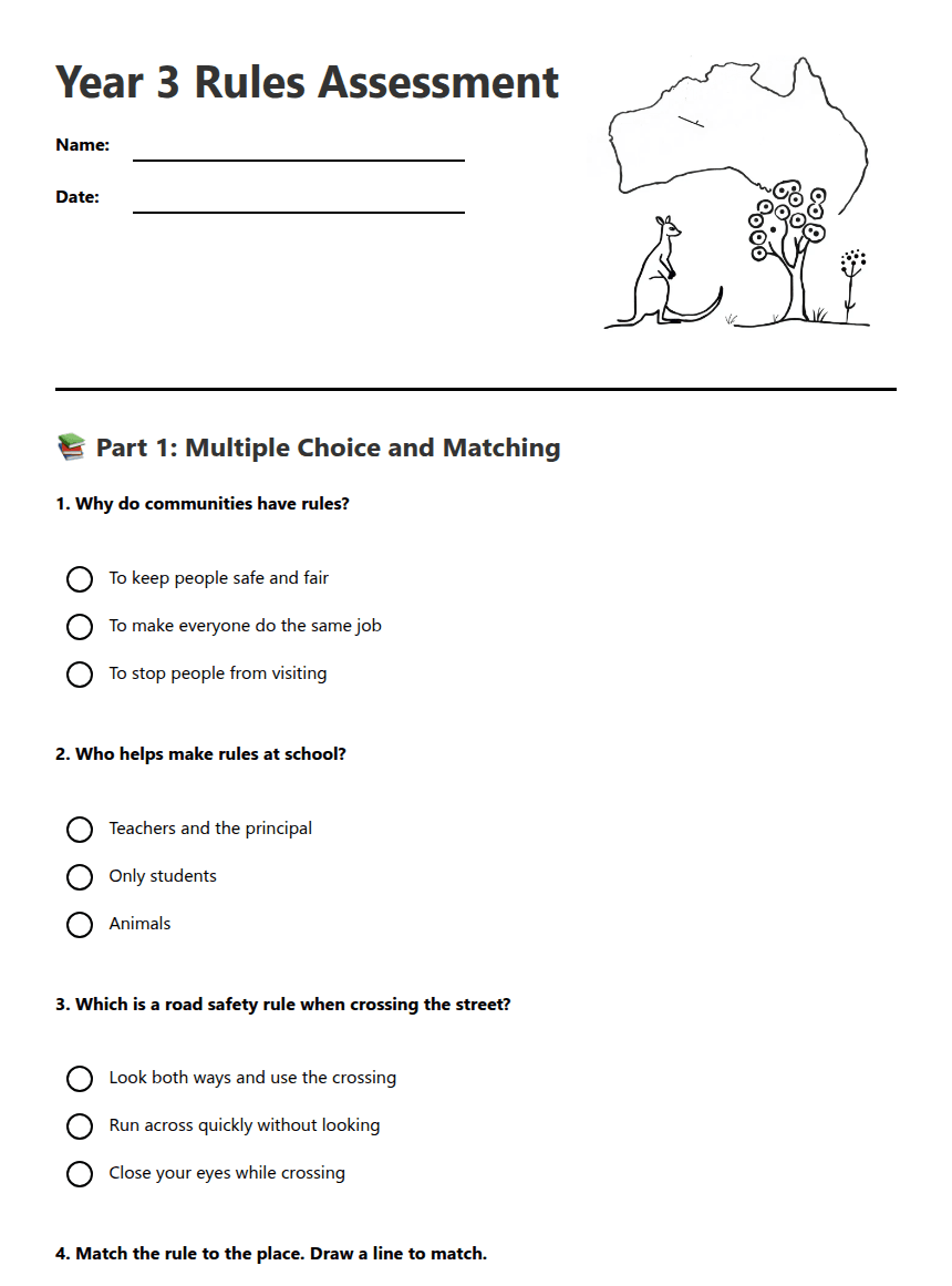 Year 3 Rules Assessment worksheet preview