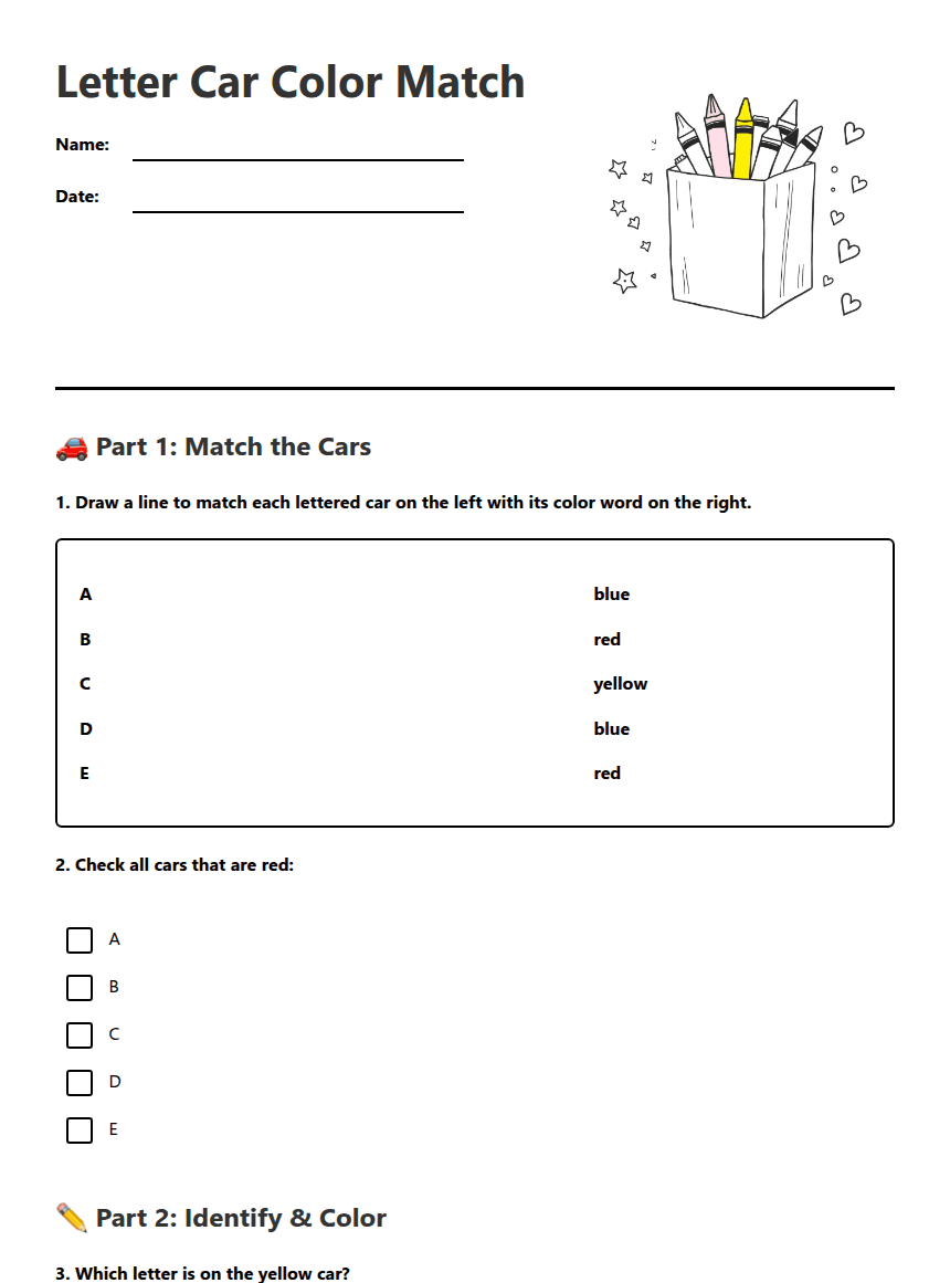 Letter Car Color Match worksheet preview