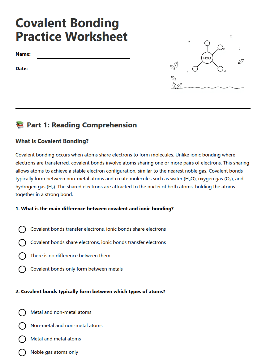 Covalent Bonding Practice Worksheet worksheet preview