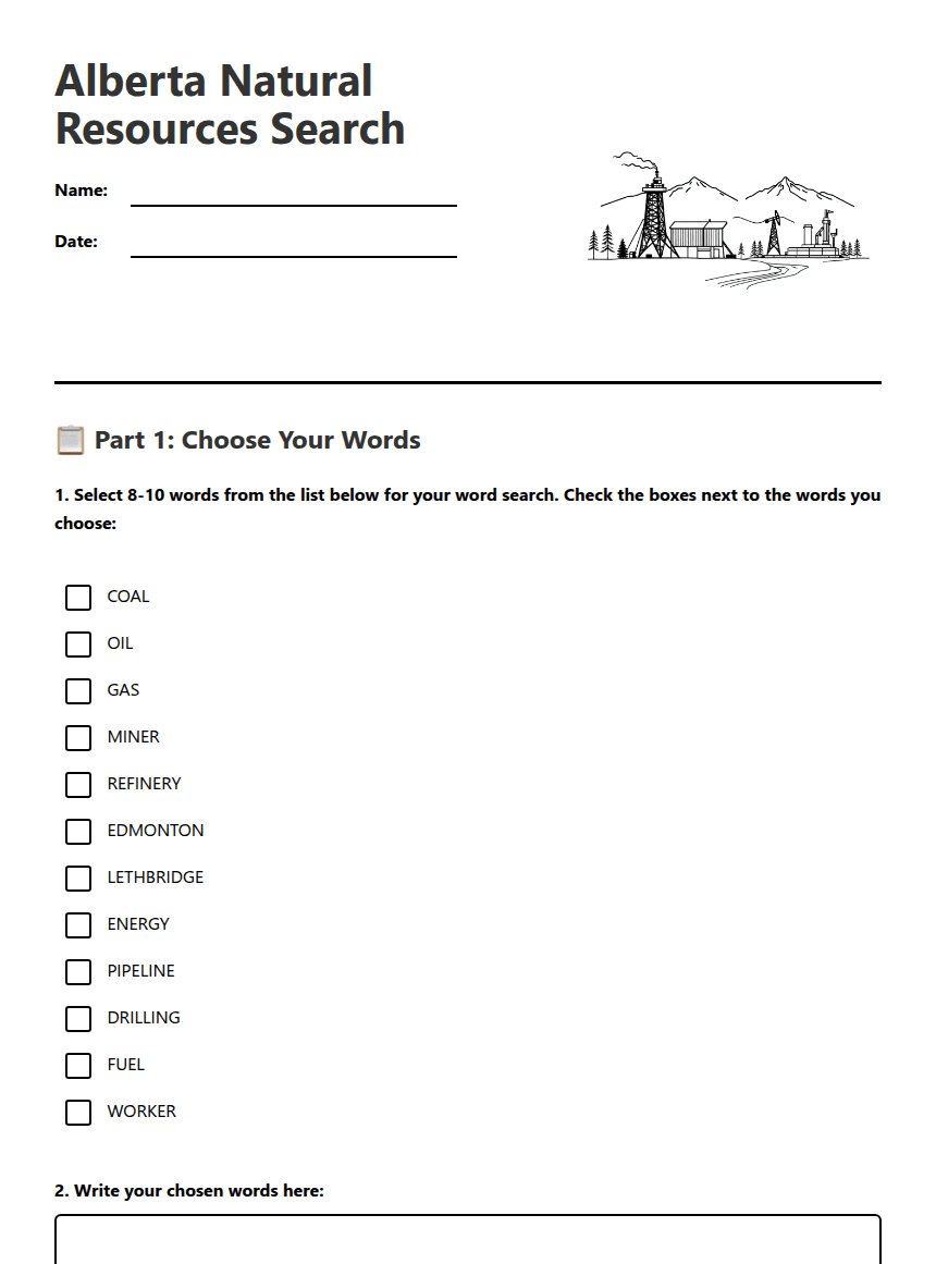 Alberta Natural Resources Search worksheet preview