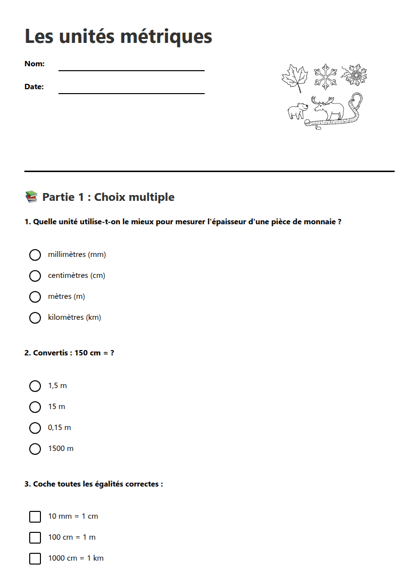 Les unités métriques worksheet preview
