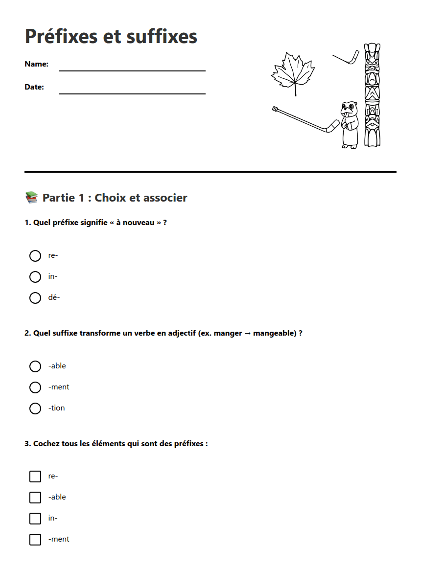 Préfixes et suffixes worksheet preview