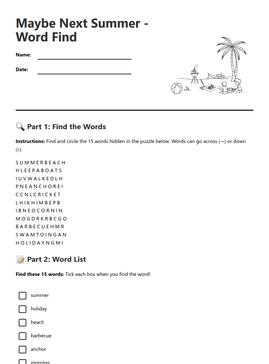 Maybe Next Summer worksheet preview