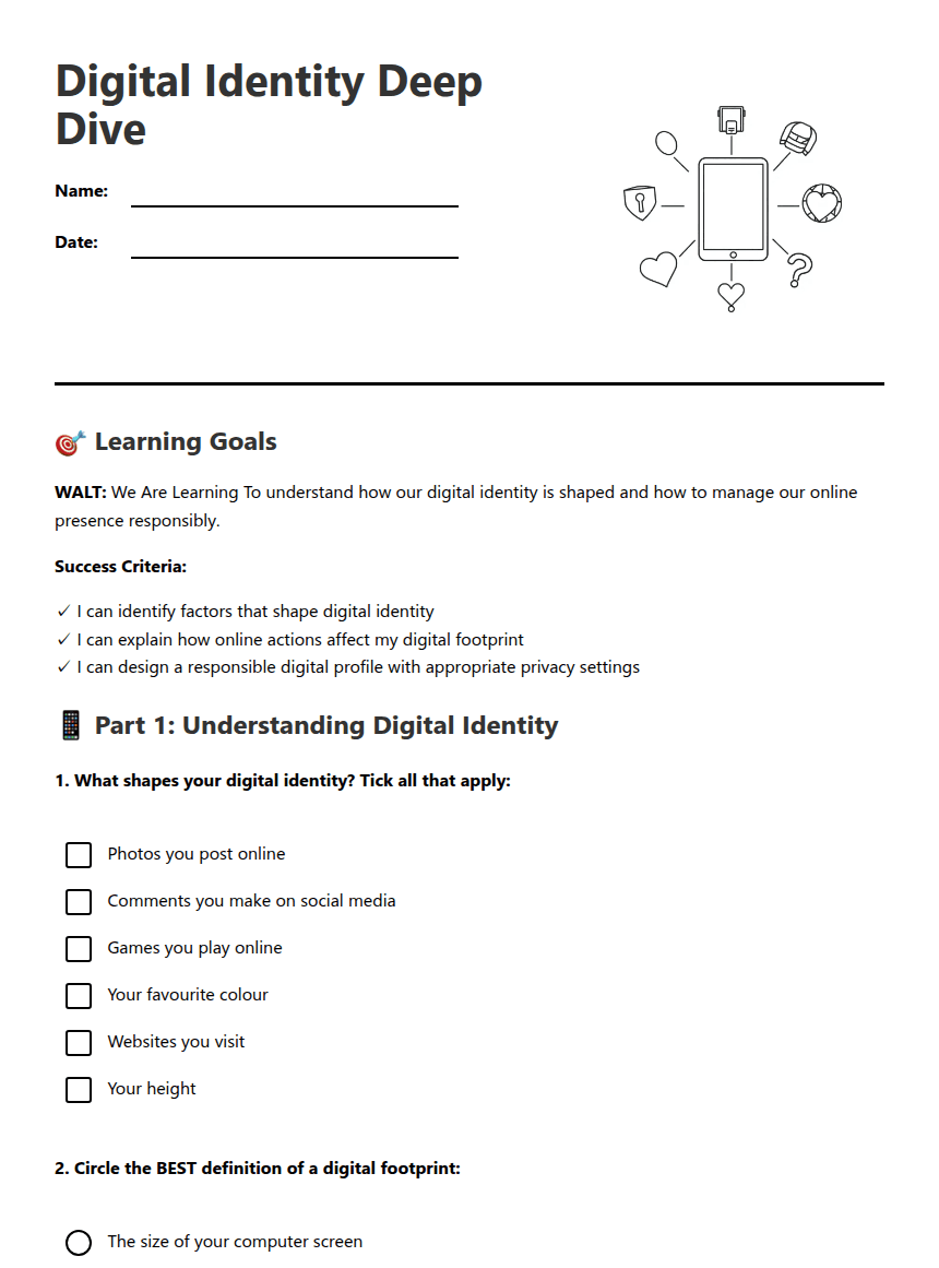 Digital Identity Deep Dive worksheet preview