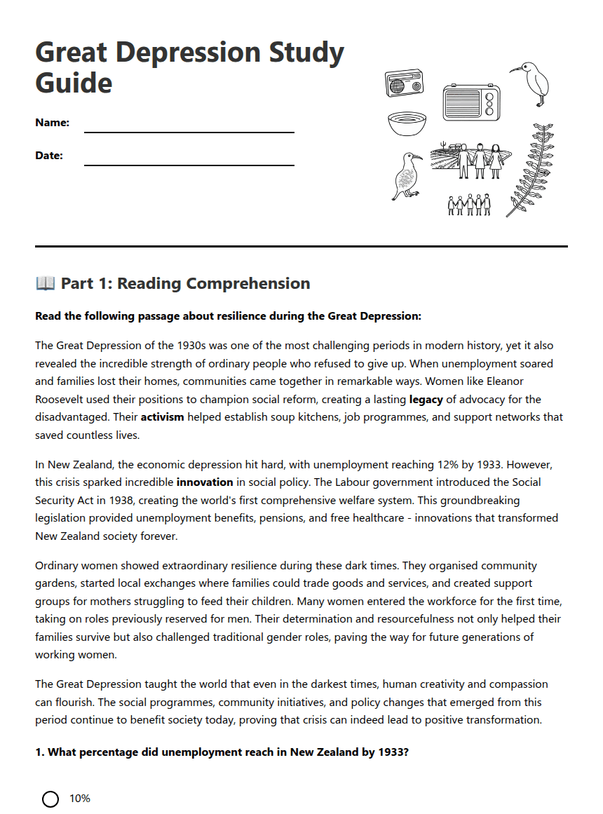 Great Depression Study Guide worksheet preview