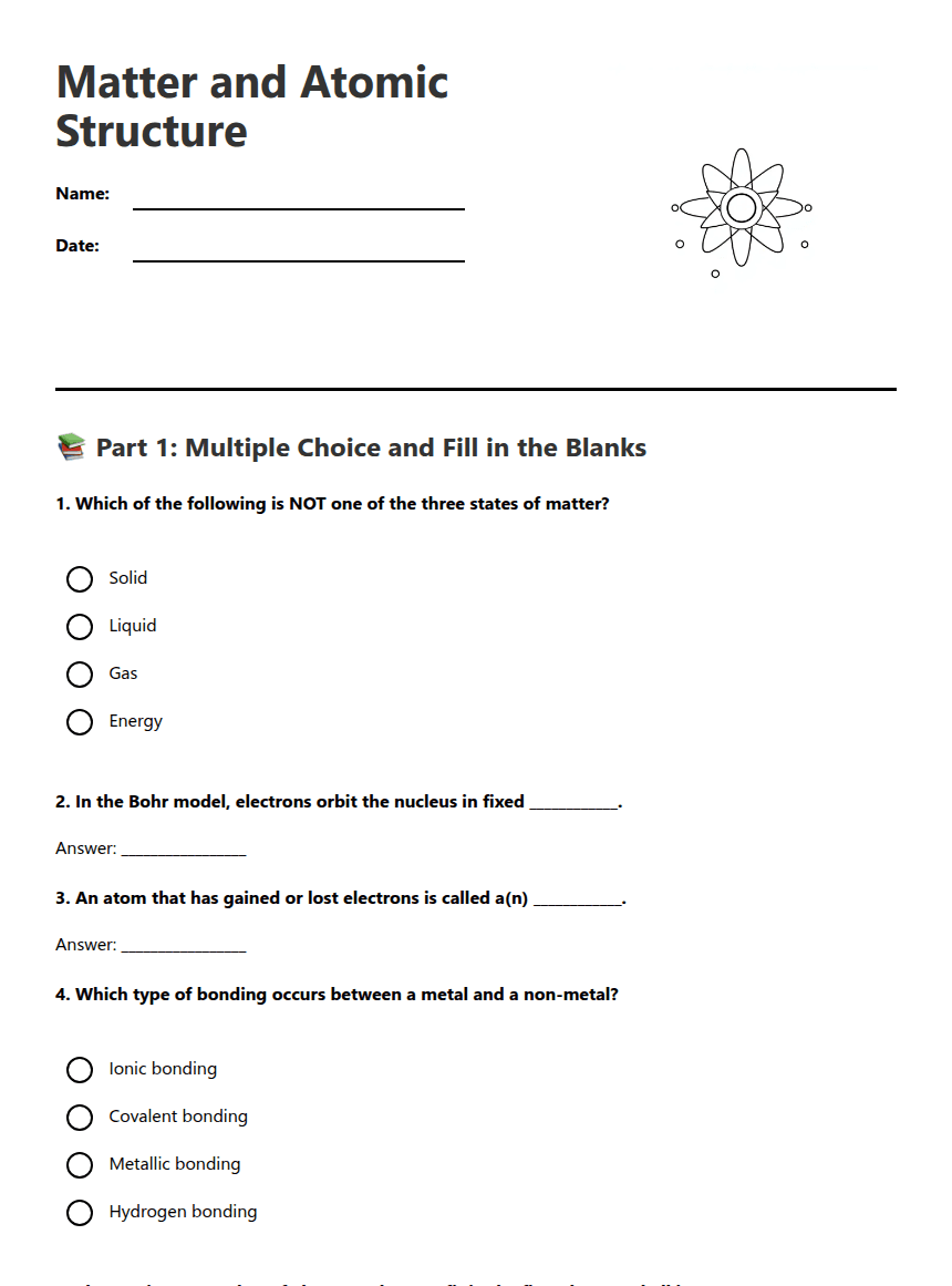Matter and Atomic Structure worksheet preview