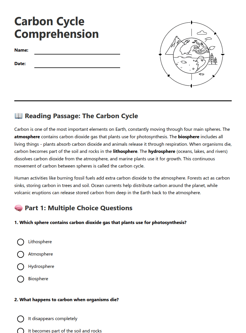 Carbon Cycle Comprehension worksheet preview