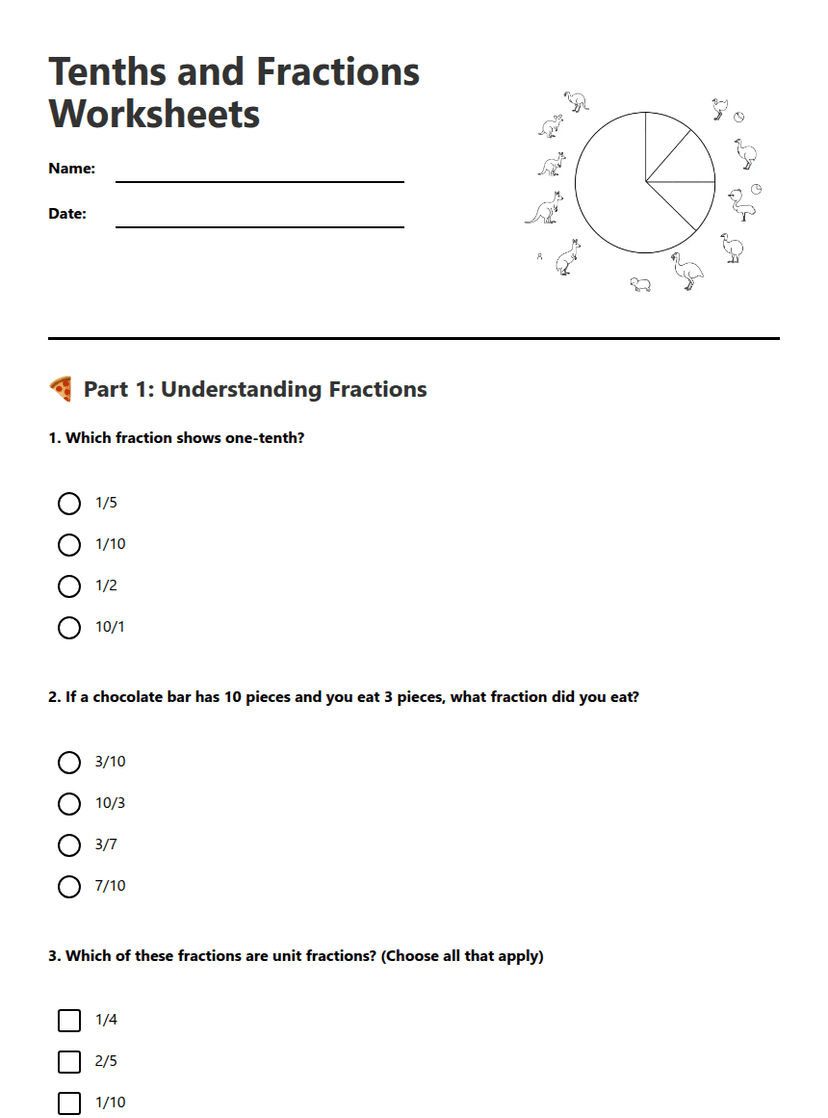 Tenths and Fractions Worksheets