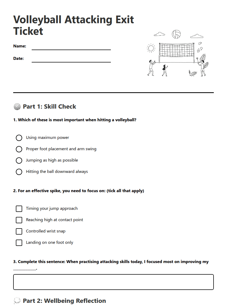 Volleyball Attacking Exit Ticket worksheet preview
