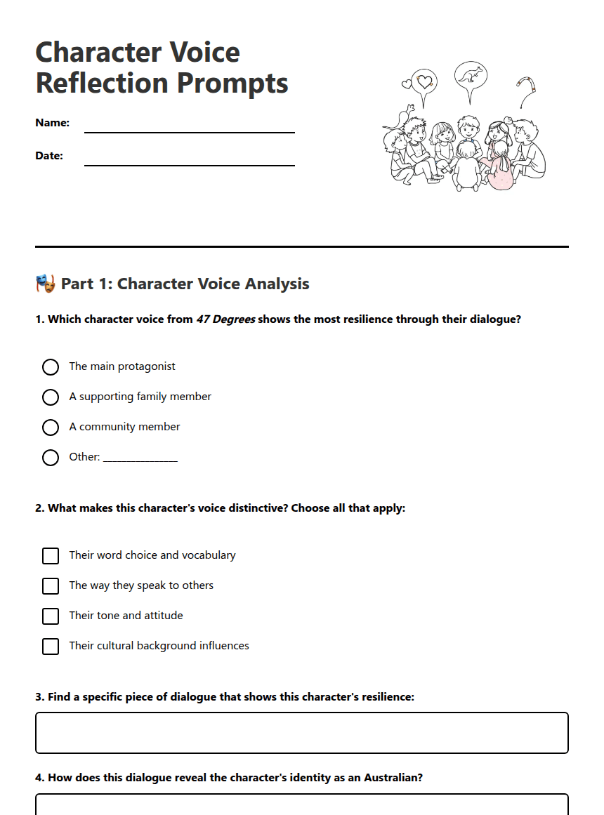 Character Voice Reflection Prompts worksheet preview