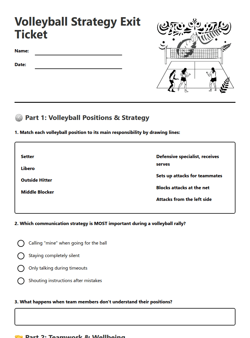 Volleyball Strategy Exit Ticket worksheet preview