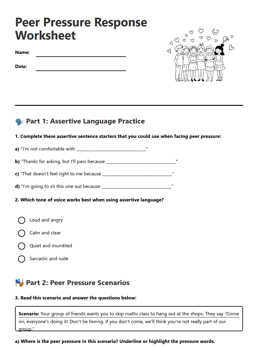 Peer Pressure Response Worksheet worksheet preview