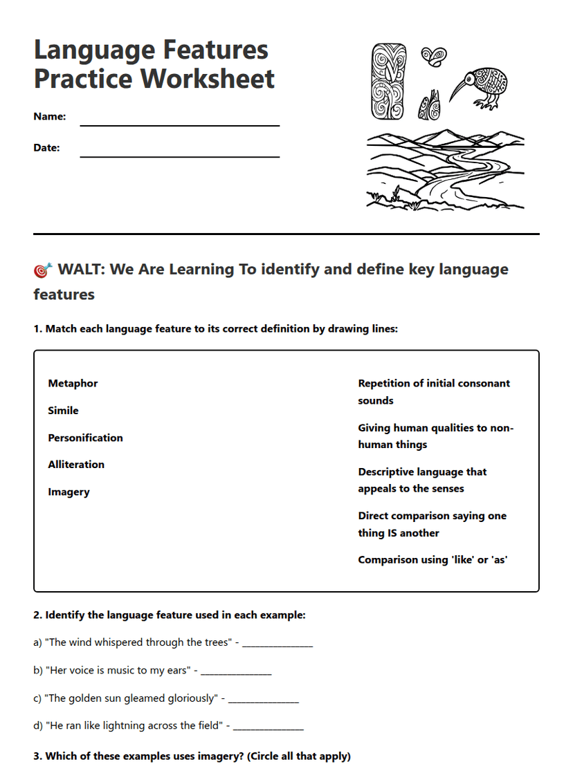 Language Features Practice Worksheet