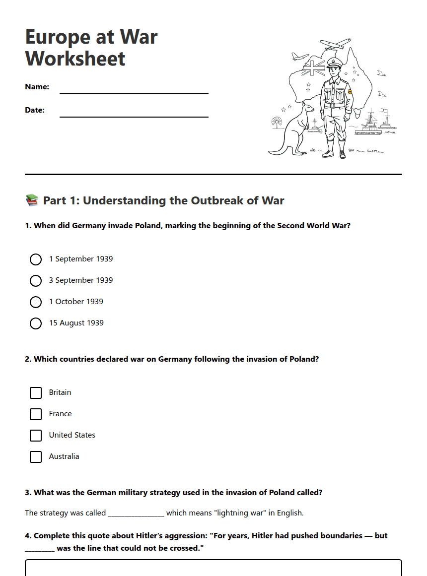 Europe at War Worksheet worksheet preview