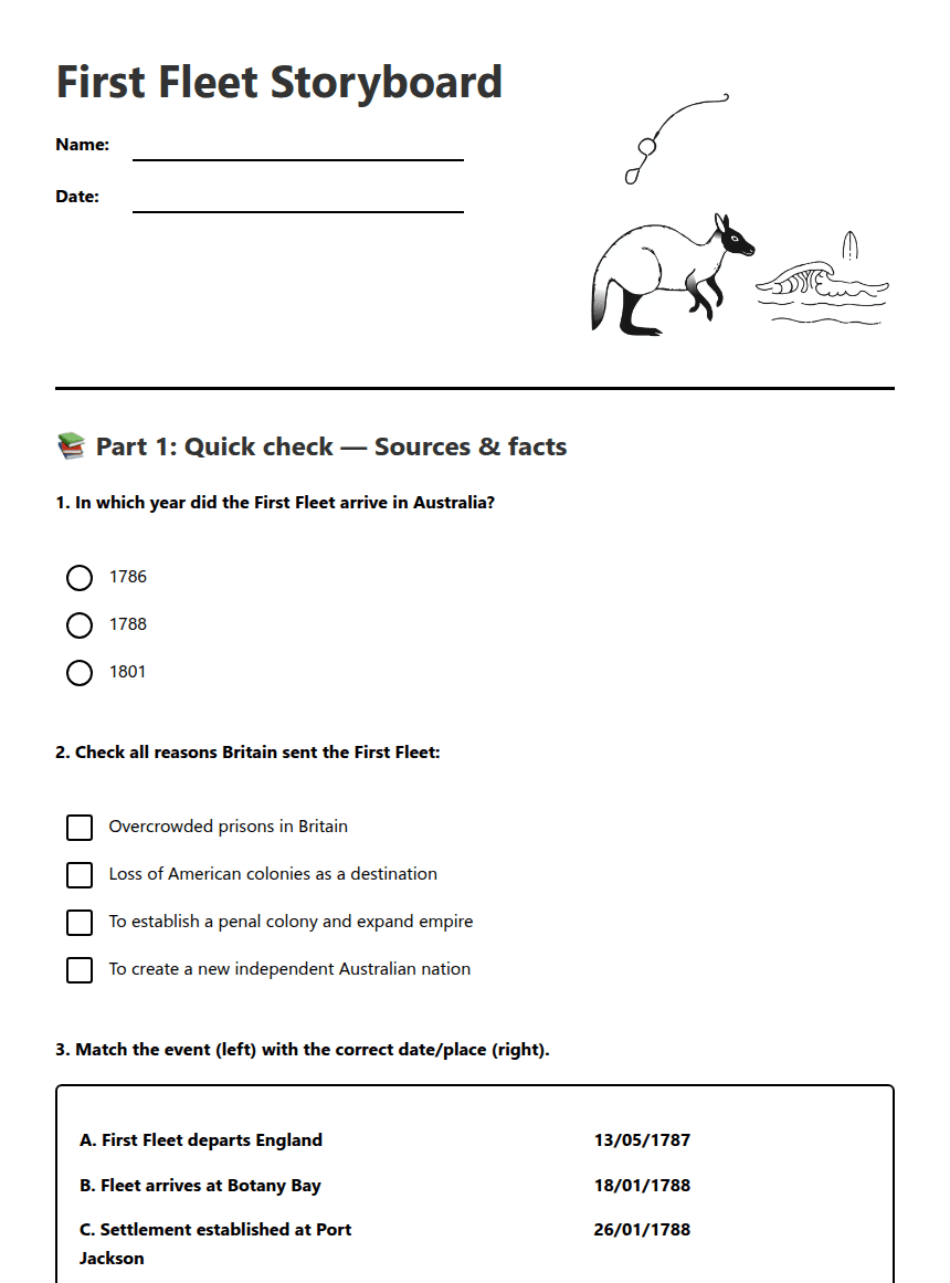 First Fleet Storyboard worksheet preview