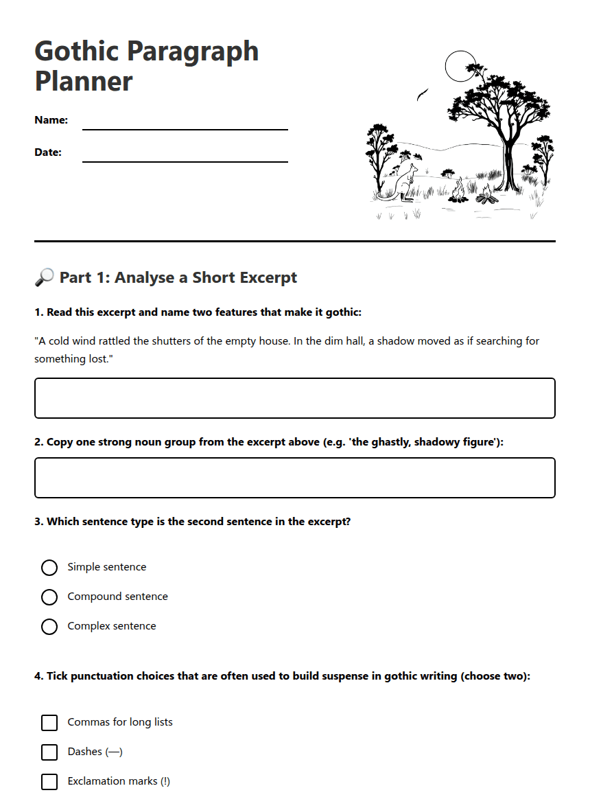 Gothic Paragraph Planner worksheet preview