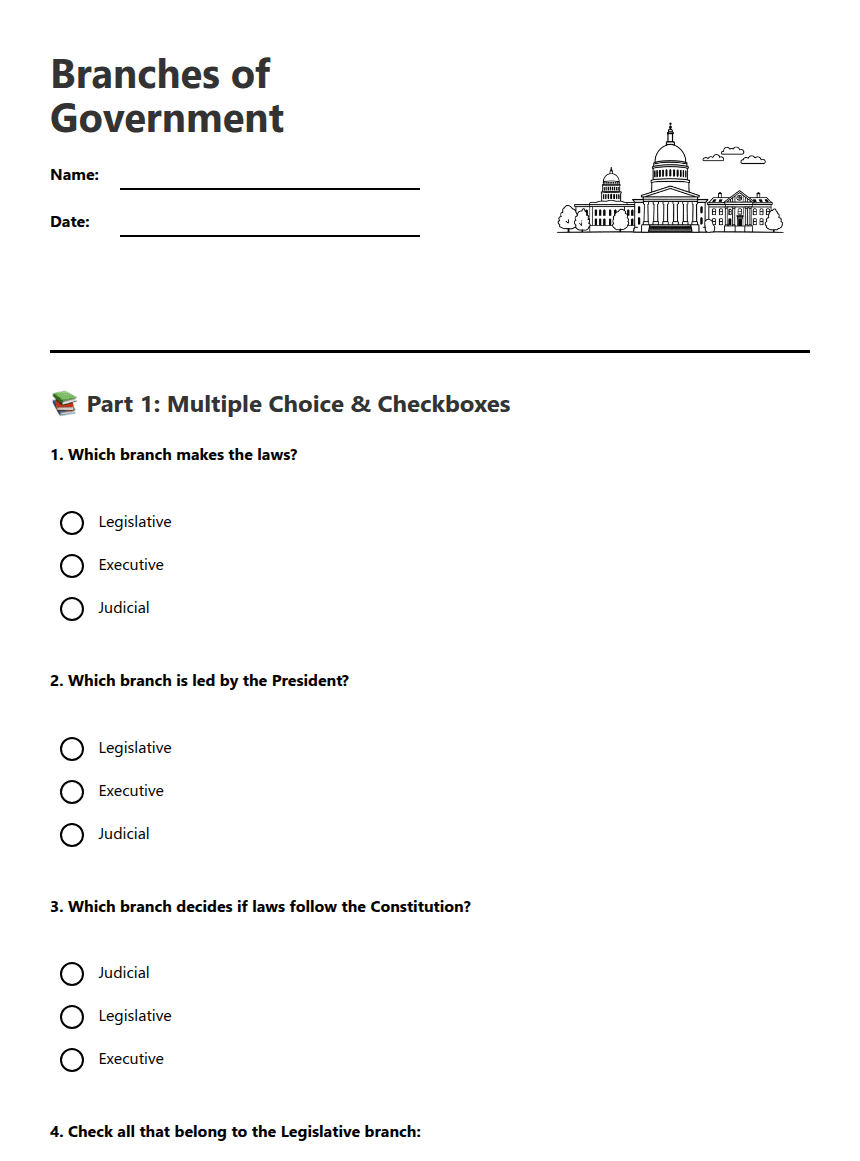 Branches of Government worksheet preview