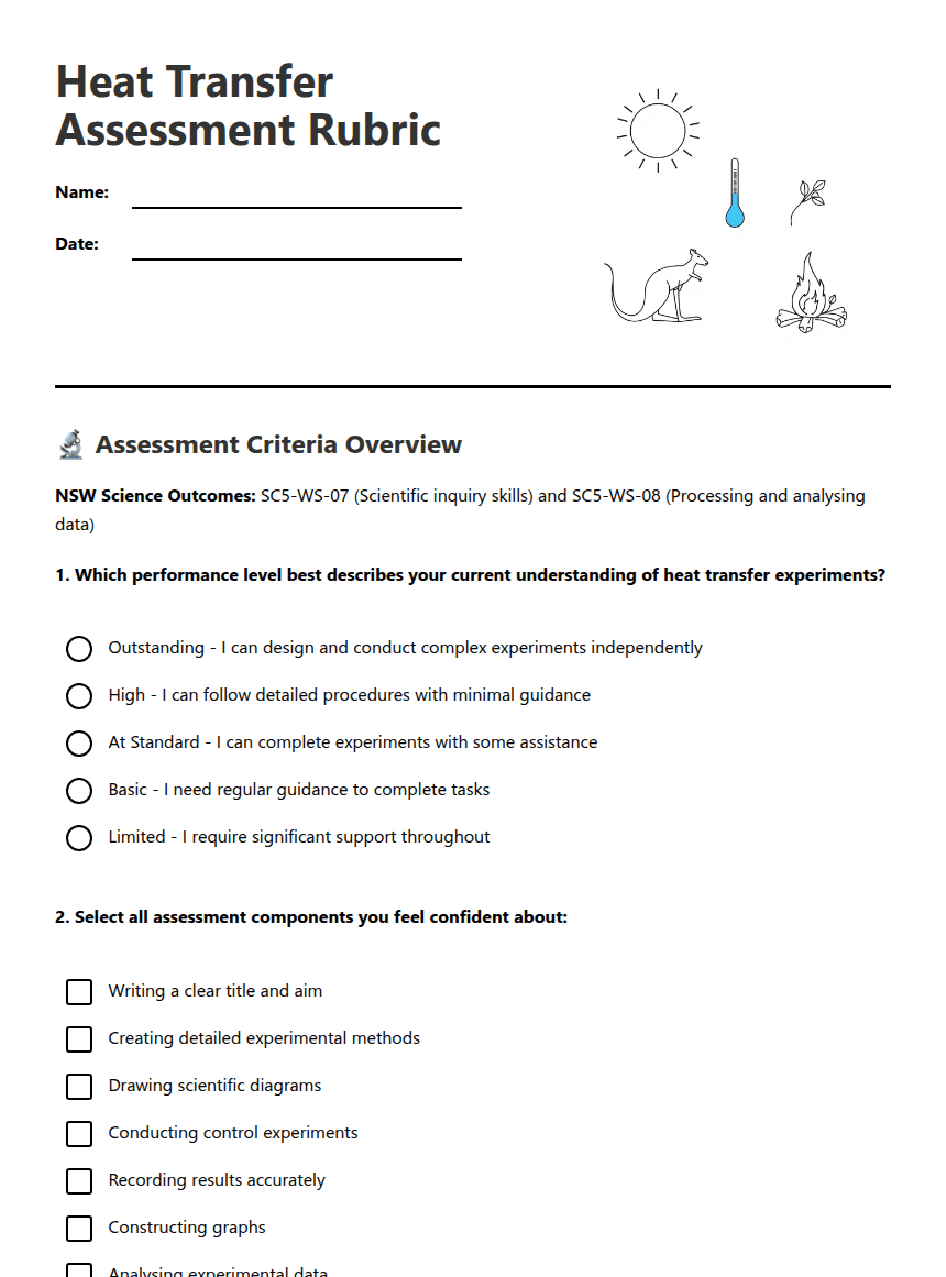 Heat Transfer Assessment Rubric worksheet preview
