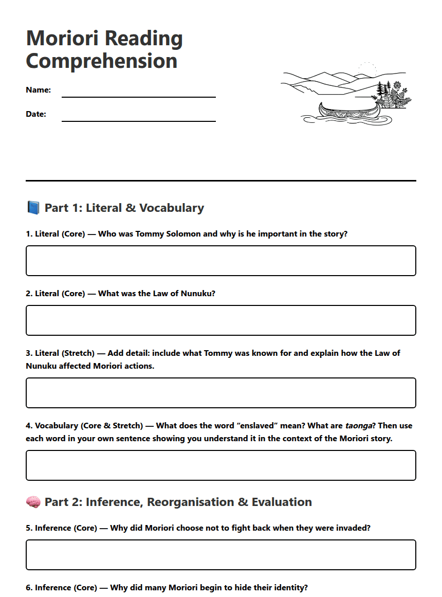 Moriori Reading Comprehension worksheet preview