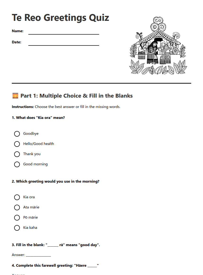 Te Reo Greetings Quiz worksheet preview