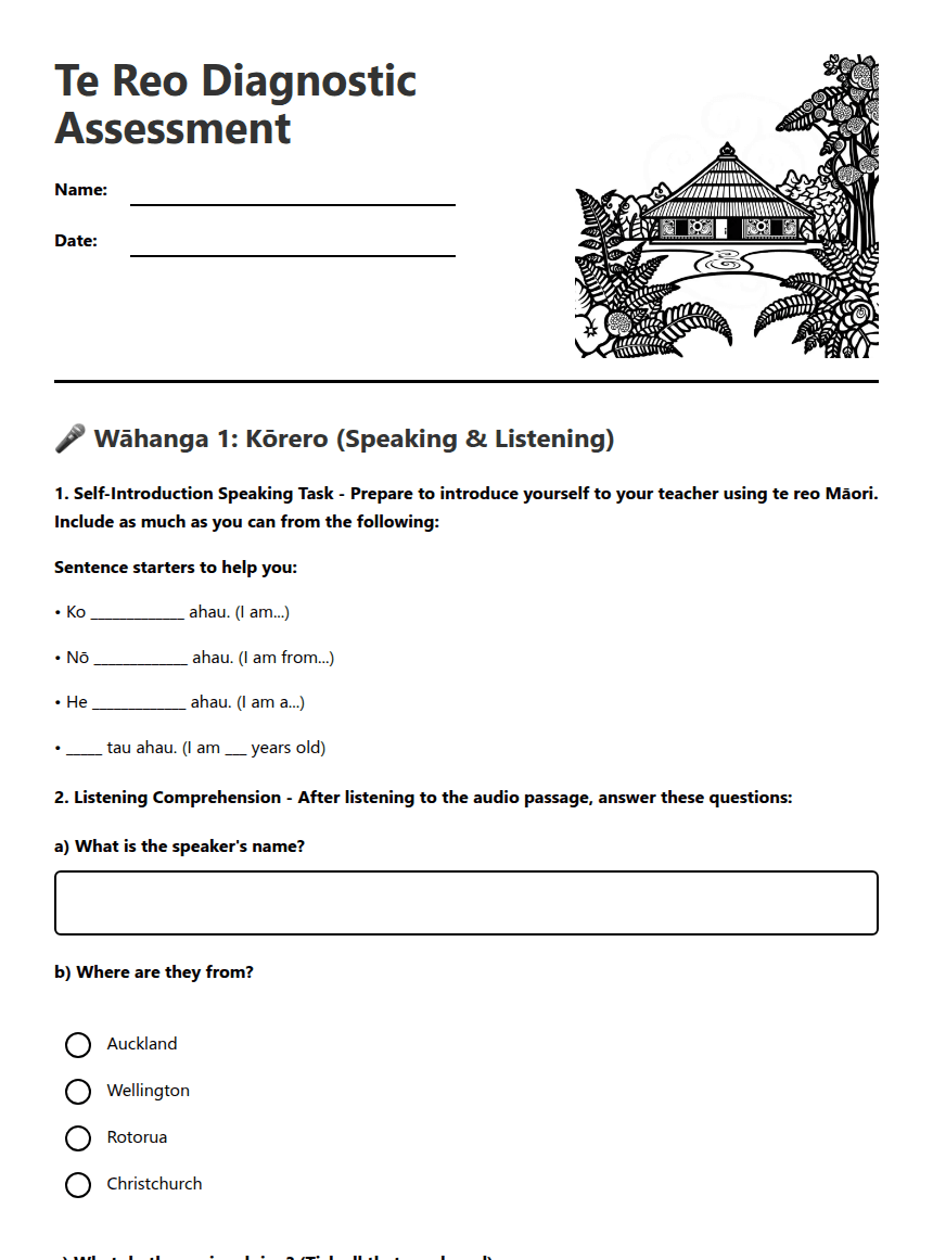 Te Reo Diagnostic Assessment worksheet preview