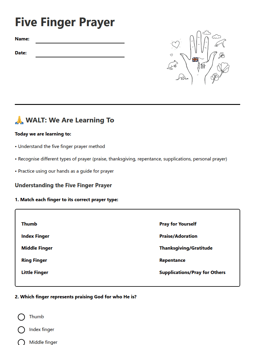 Five Finger Prayer worksheet preview