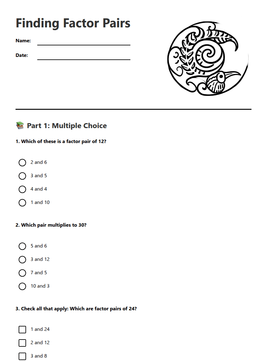 Finding Factor Pairs worksheet preview