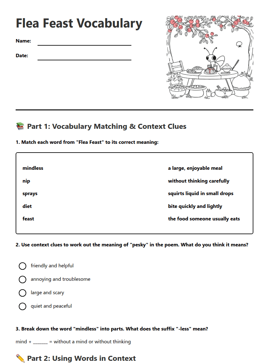 Flea Feast Vocabulary worksheet preview