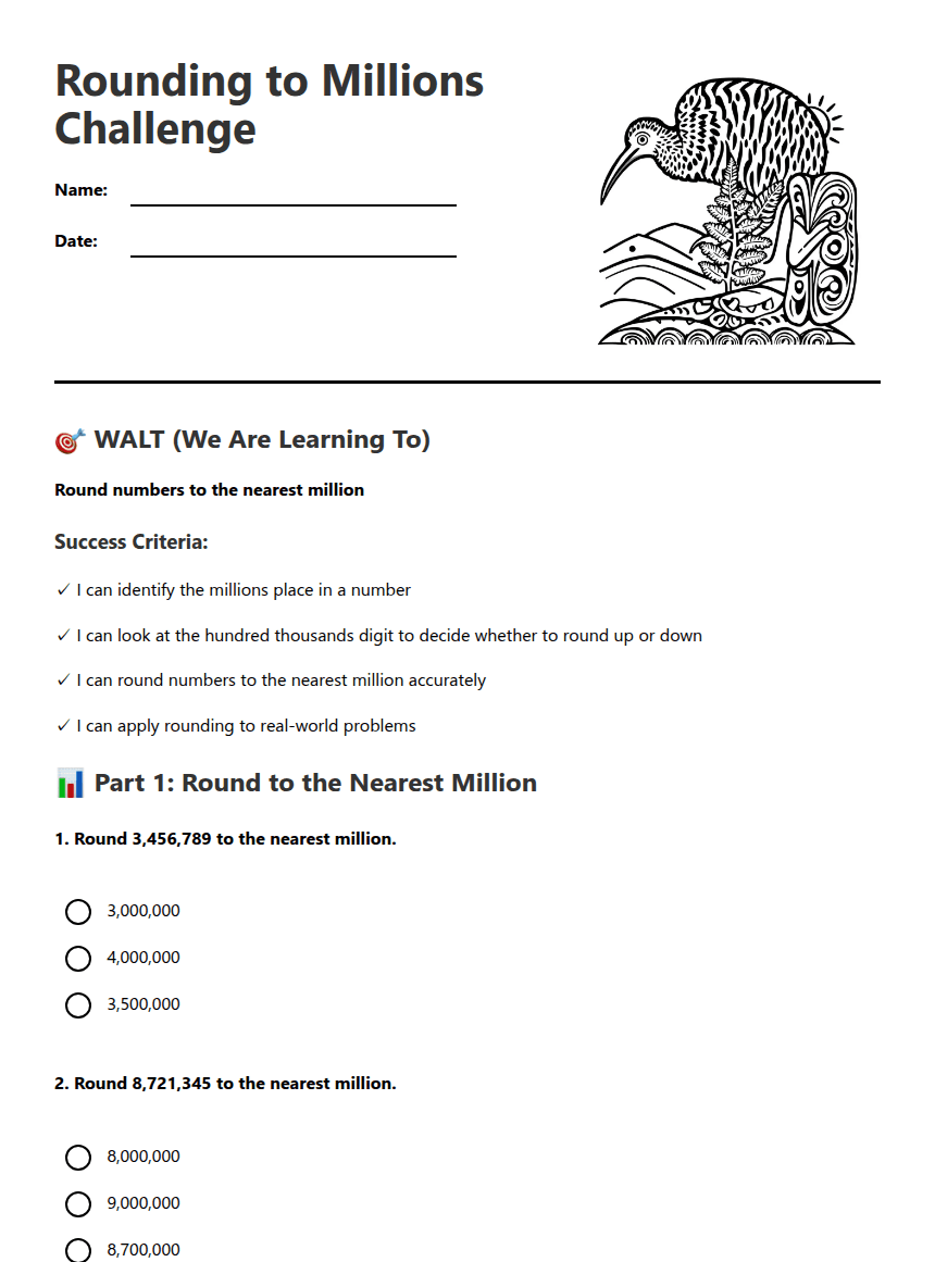 Rounding to Millions Challenge worksheet preview