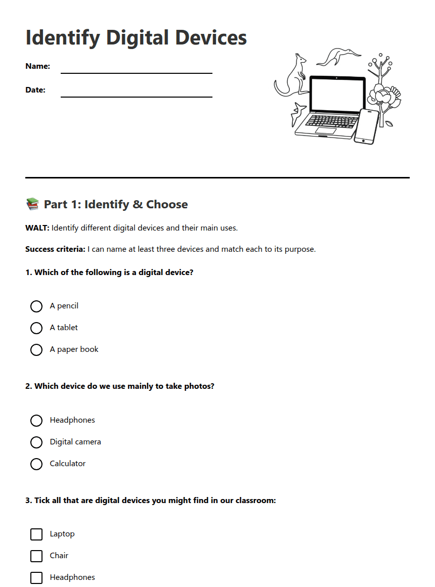 Identify Digital Devices worksheet preview