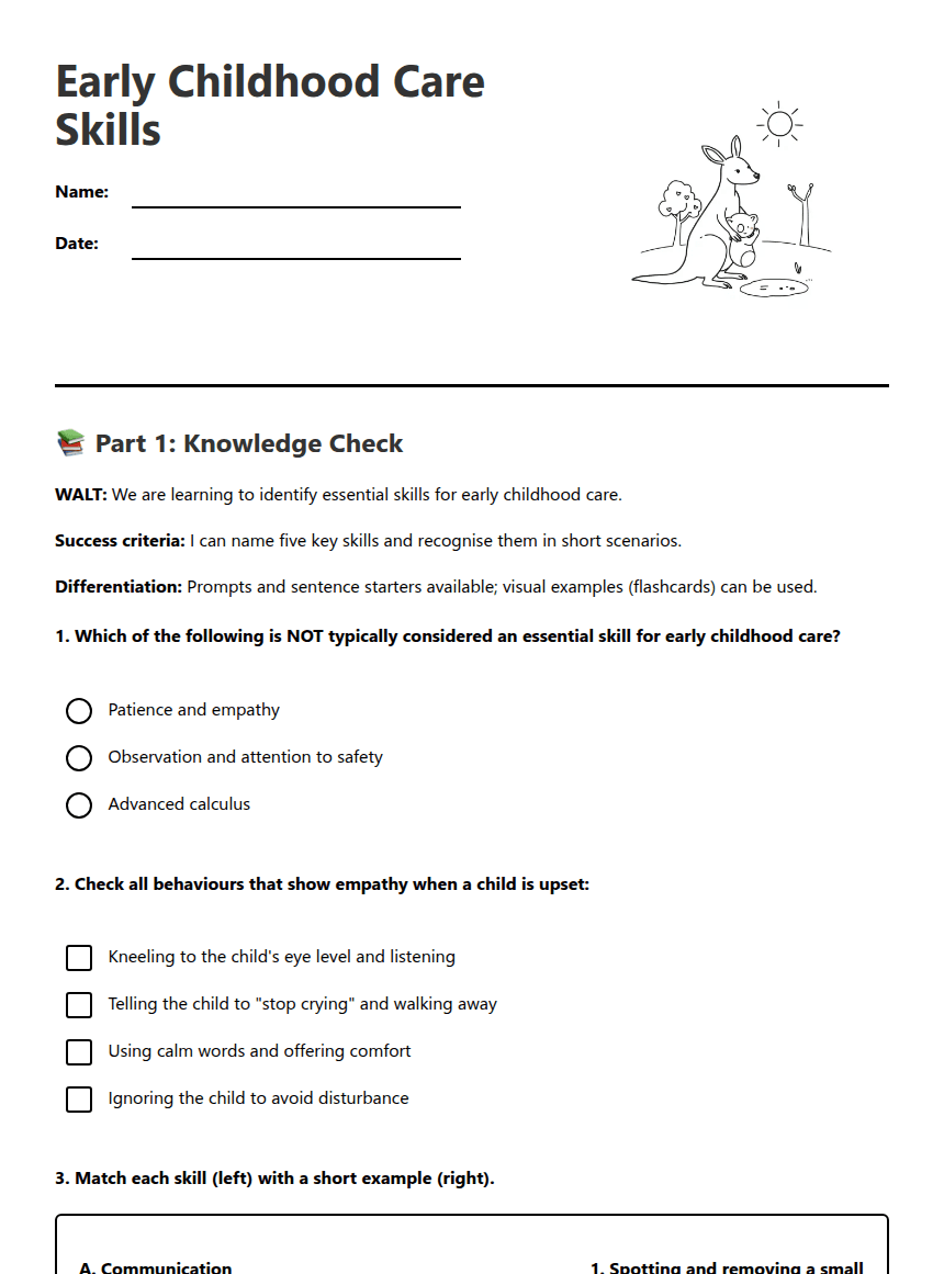 Early Childhood Care Skills worksheet preview