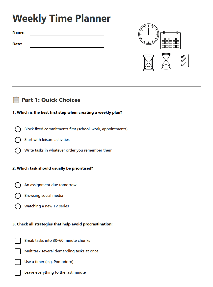 Weekly Time Planner worksheet preview