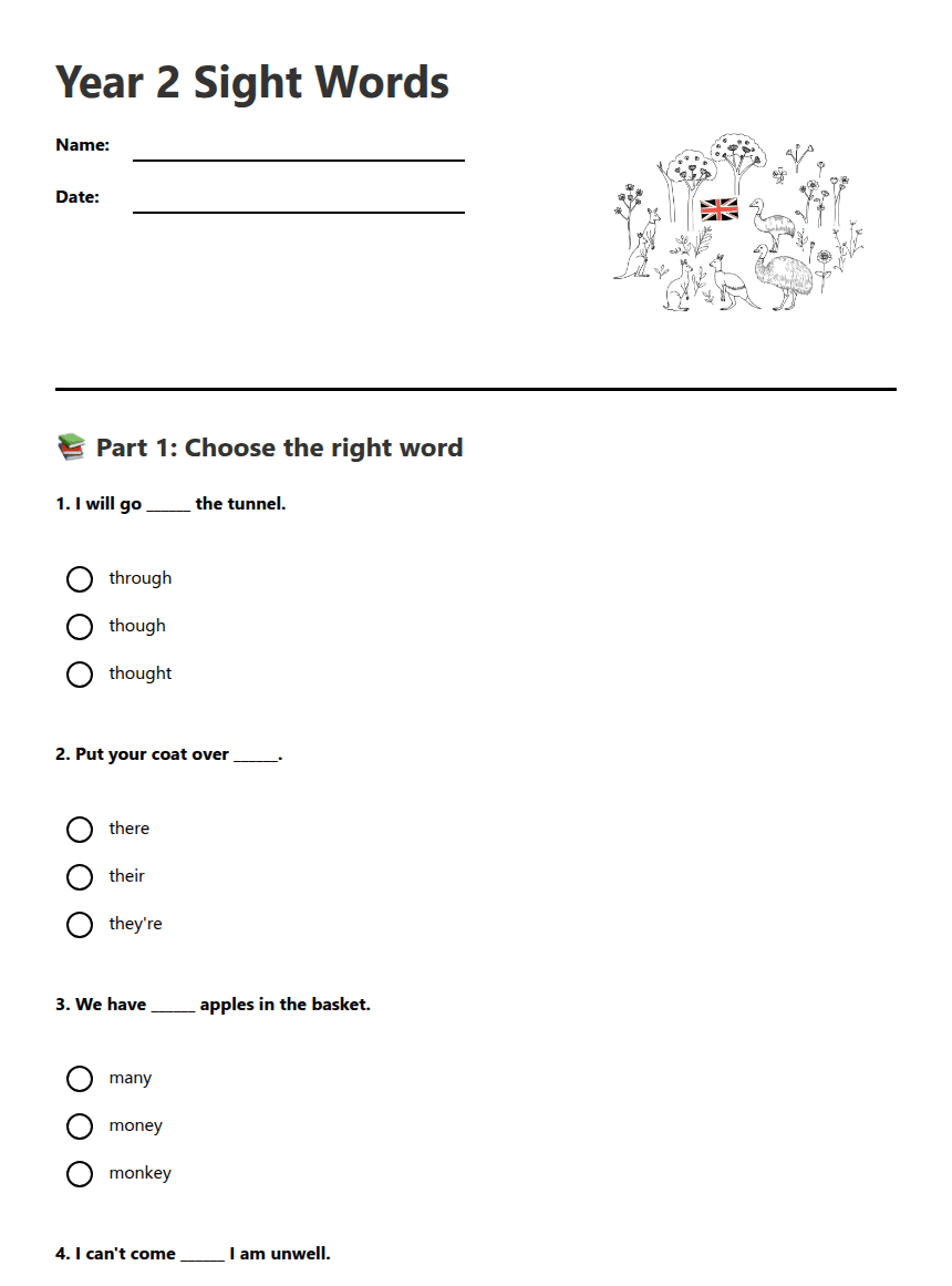 Year 2 Sight Words worksheet preview
