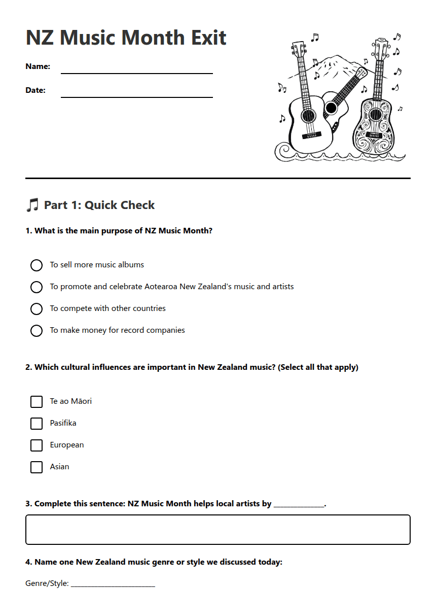 NZ Music Month Exit worksheet preview