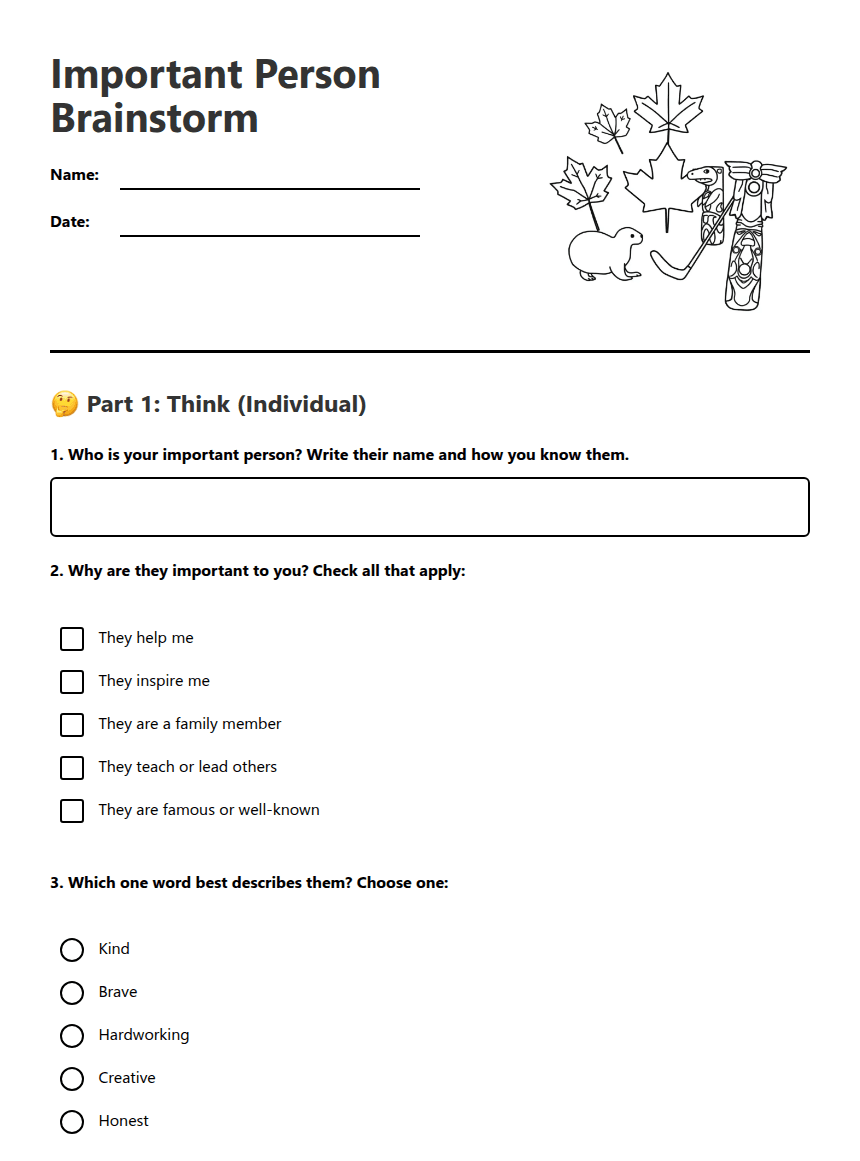 Important Person Brainstorm worksheet preview