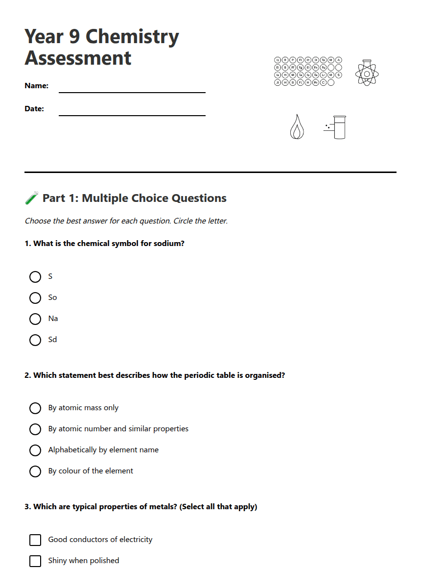 Year 9 Chemistry Assessment worksheet preview