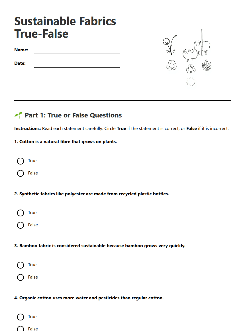 Sustainable Fabrics True-False worksheet preview