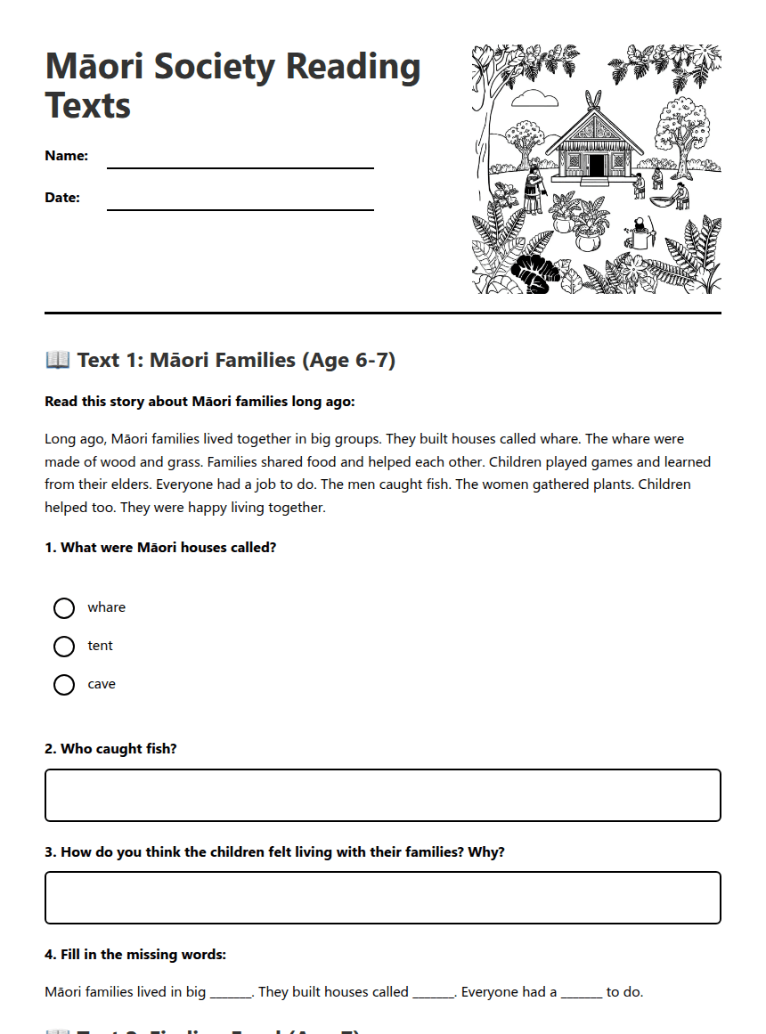 Māori Society Reading Texts worksheet preview