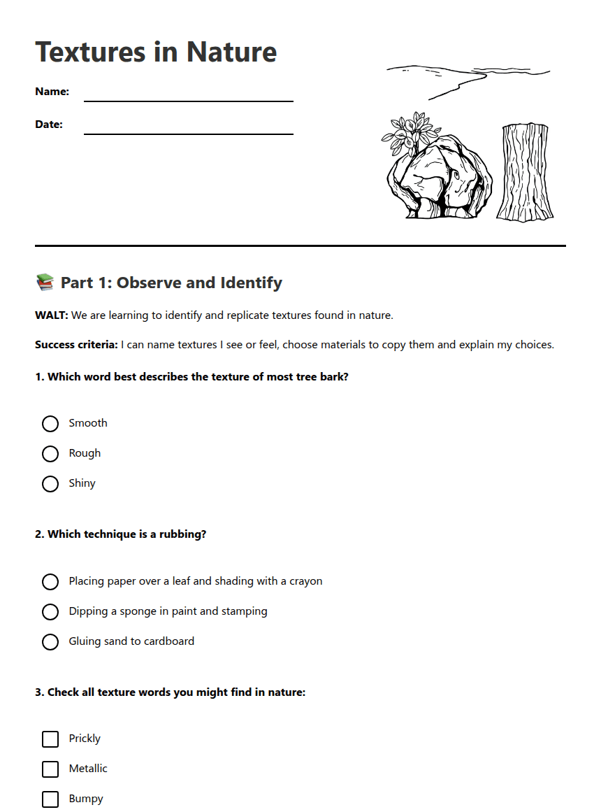 Textures in Nature worksheet preview