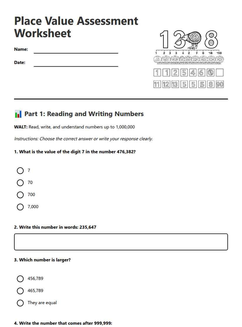 Place Value Assessment Worksheet