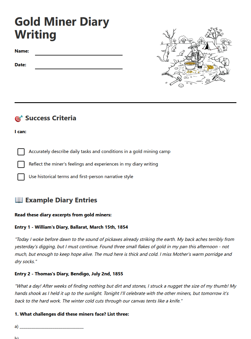 Gold Miner Diary Writing worksheet preview