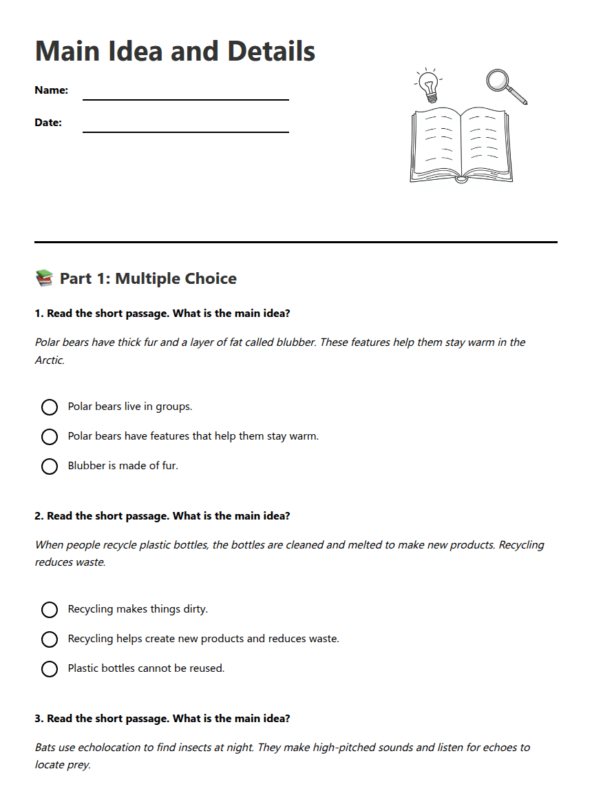 Main Idea and Details worksheet preview