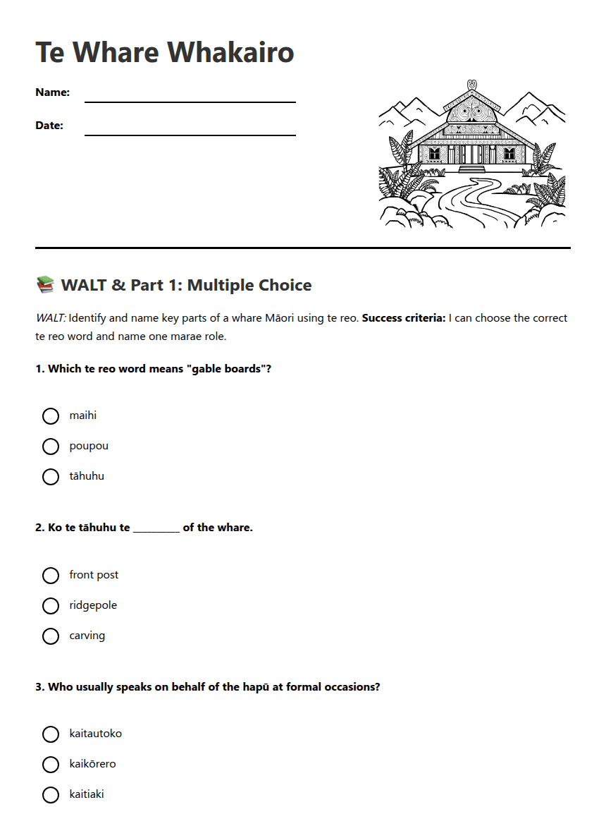 Te Whare Whakairo worksheet preview