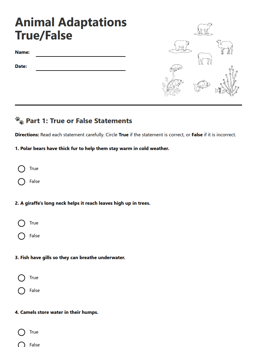 Animal Adaptations True/False worksheet preview
