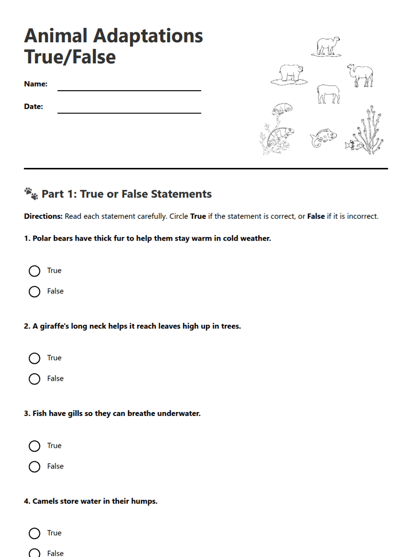 Animal Adaptations True/False