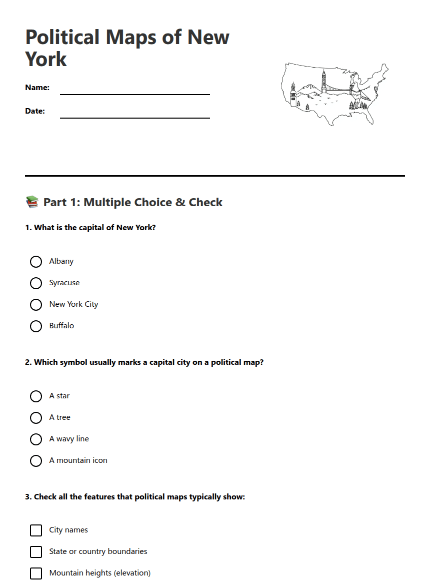 Political Maps of New York worksheet preview