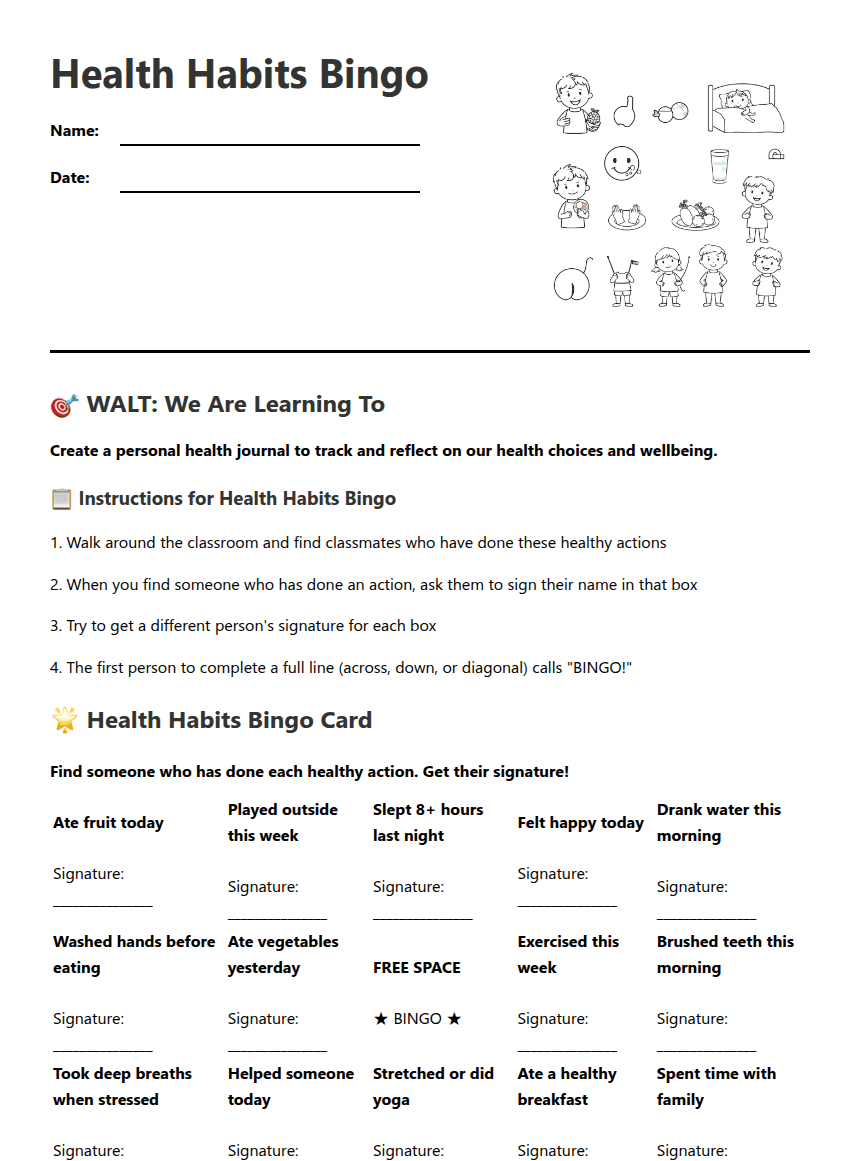 Health Habits Bingo worksheet preview